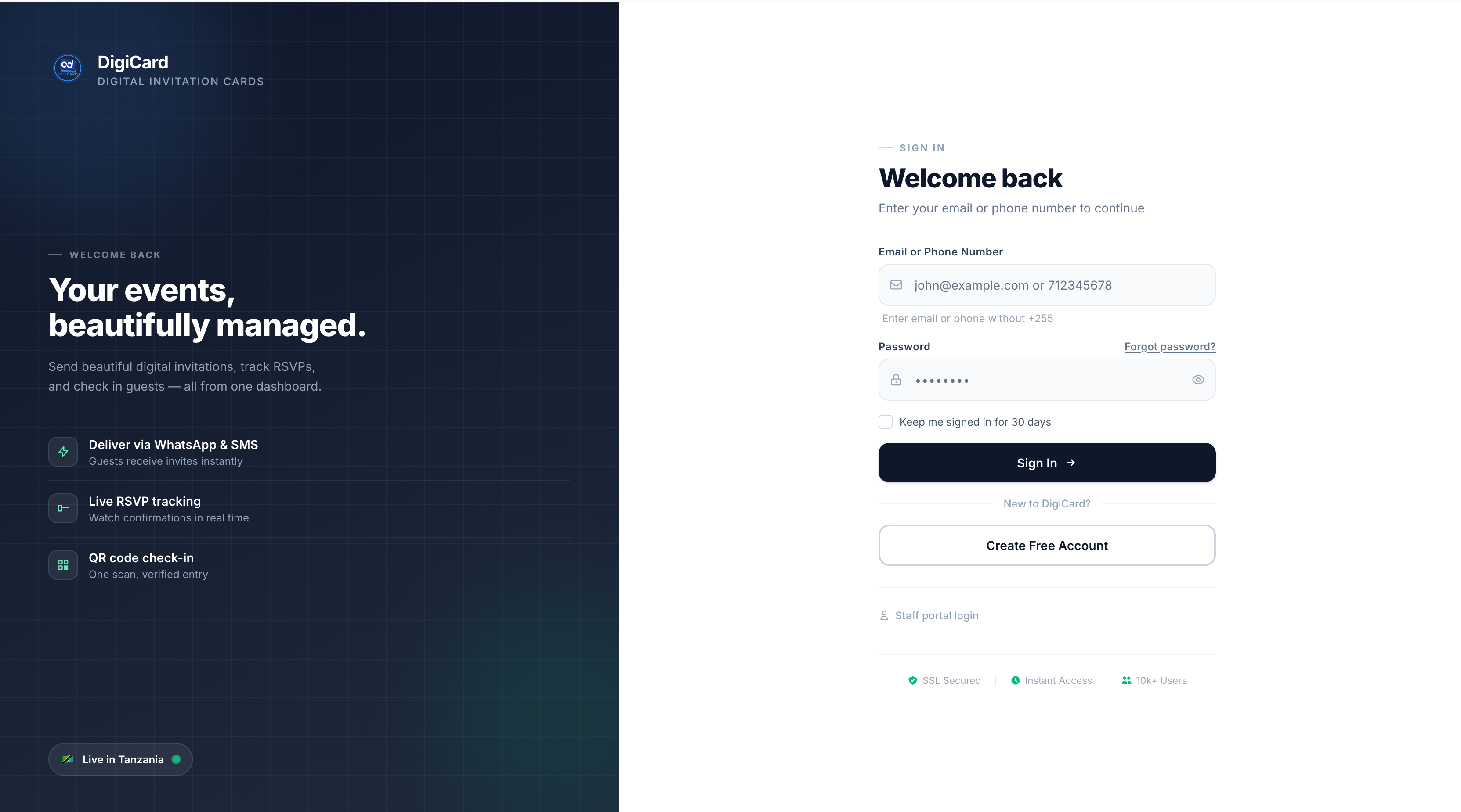 DigiCard login page